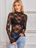 Mock Neck Long Sleeve Lace Sheer Top - Trendsi - Flyclothing LLC