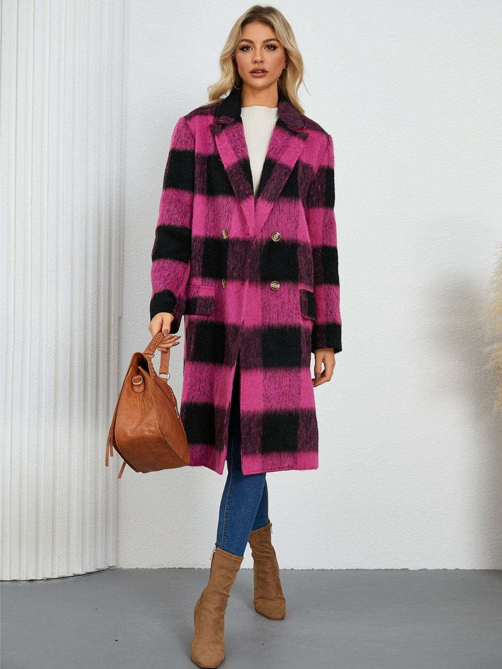 Plaid Double-Breasted Long Sleeve Coat - Trendsi - Flyclothing LLC