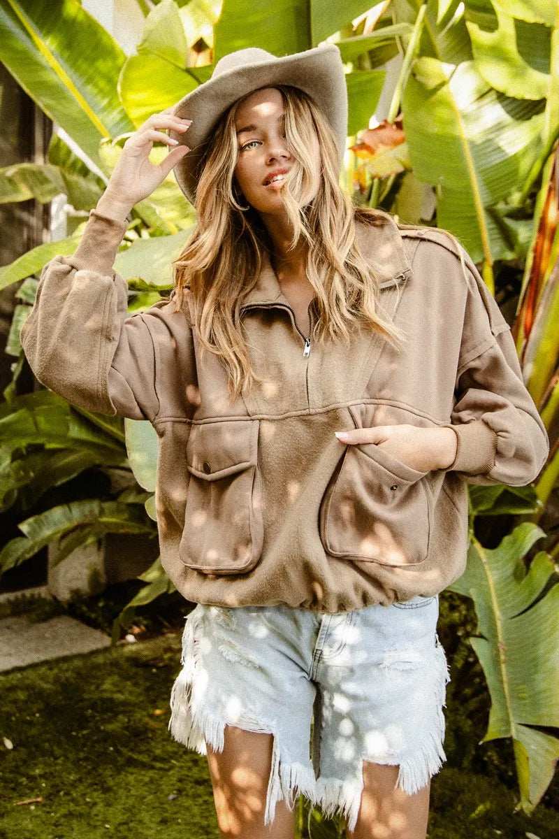 BiBi Half Zip Vintage Washed Fleece Pullover - Trendsi - Flyclothing LLC