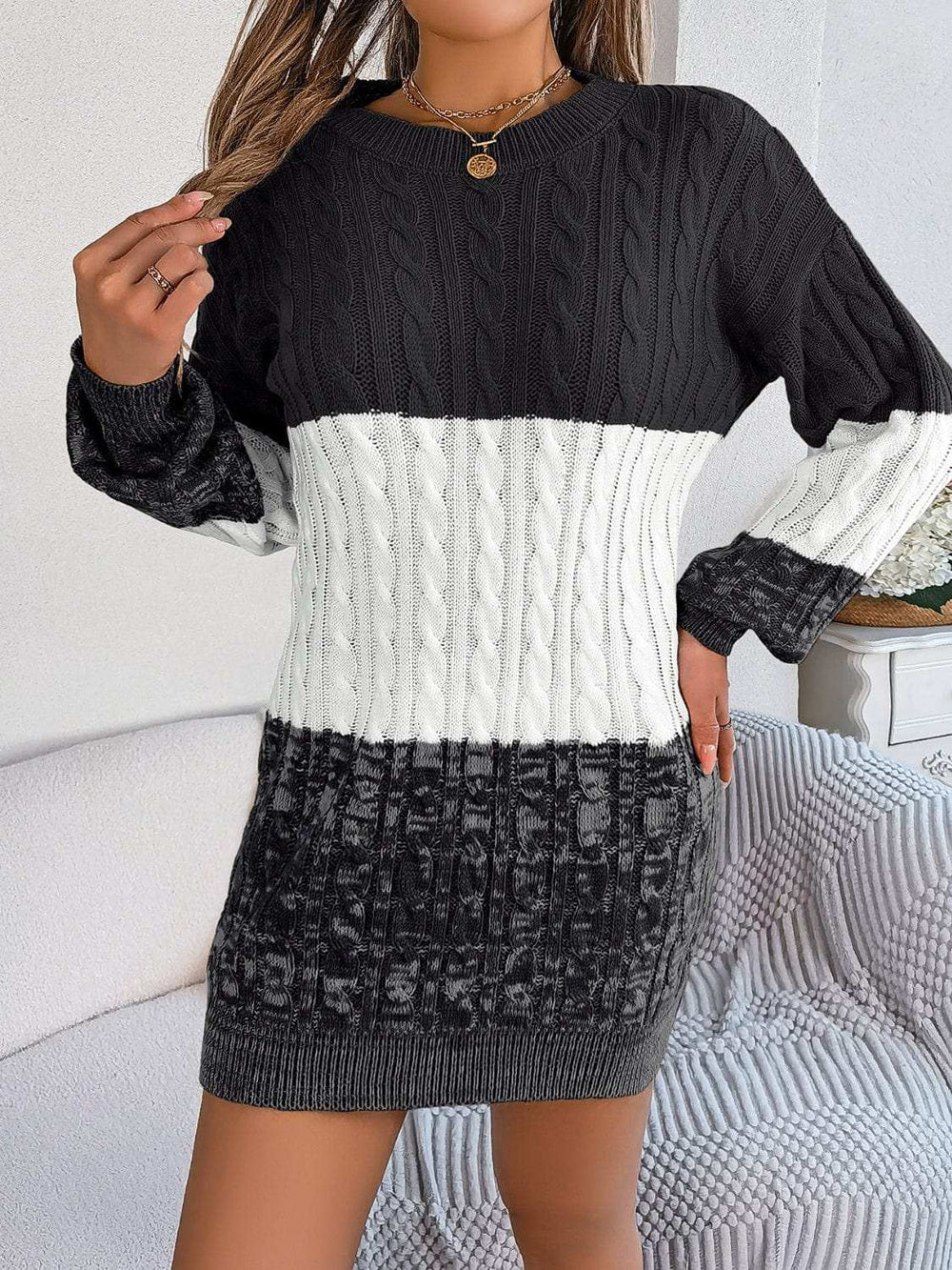 Cable-Knit Round Neck Color Block Sweater Dress - Trendsi - Flyclothing LLC