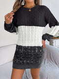 Cable-Knit Round Neck Color Block Sweater Dress - Trendsi - Flyclothing LLC