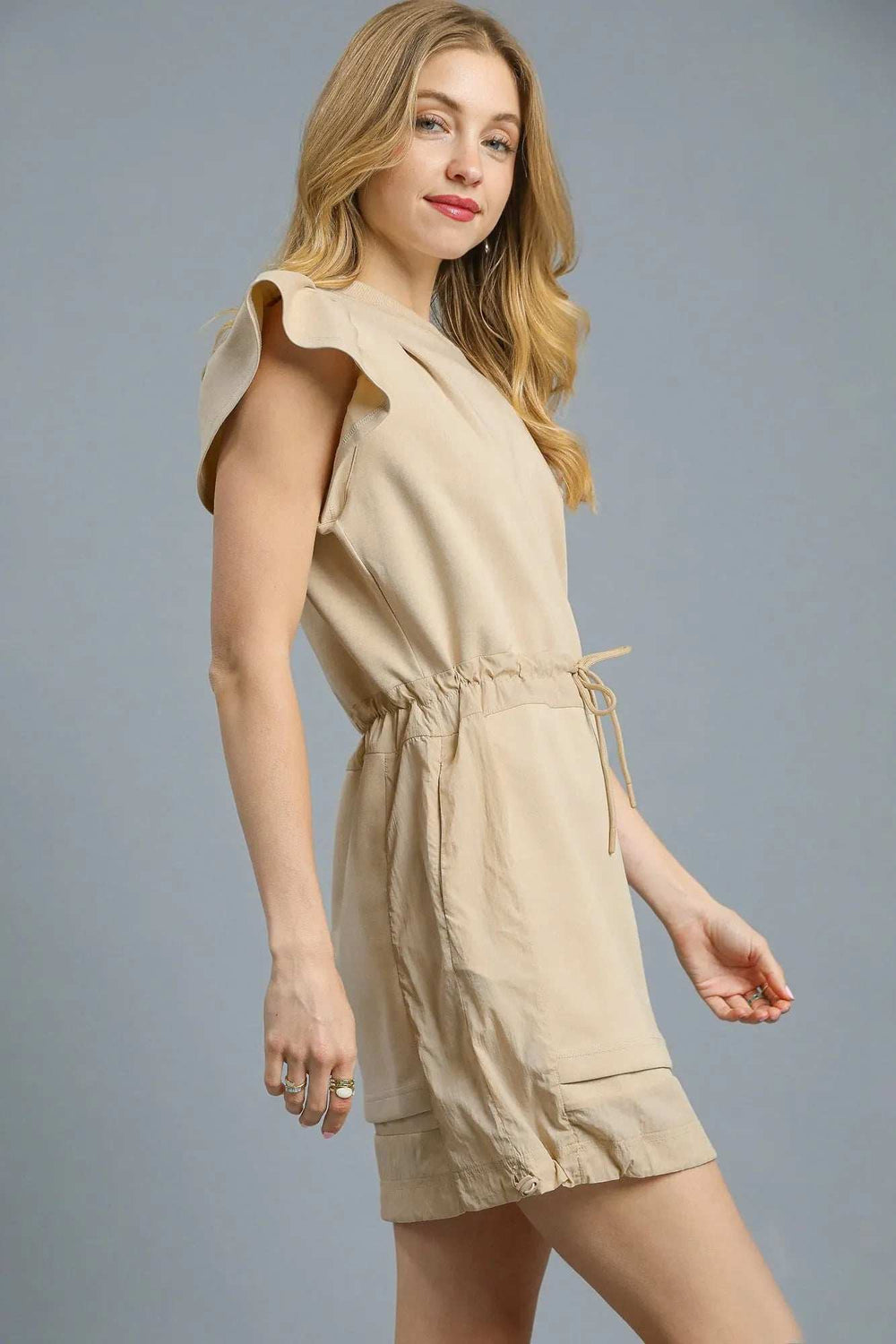 Umgee Luxe knit Ruffle Sleeve Drawstring Mini Dress - Trendsi - Flyclothing LLC