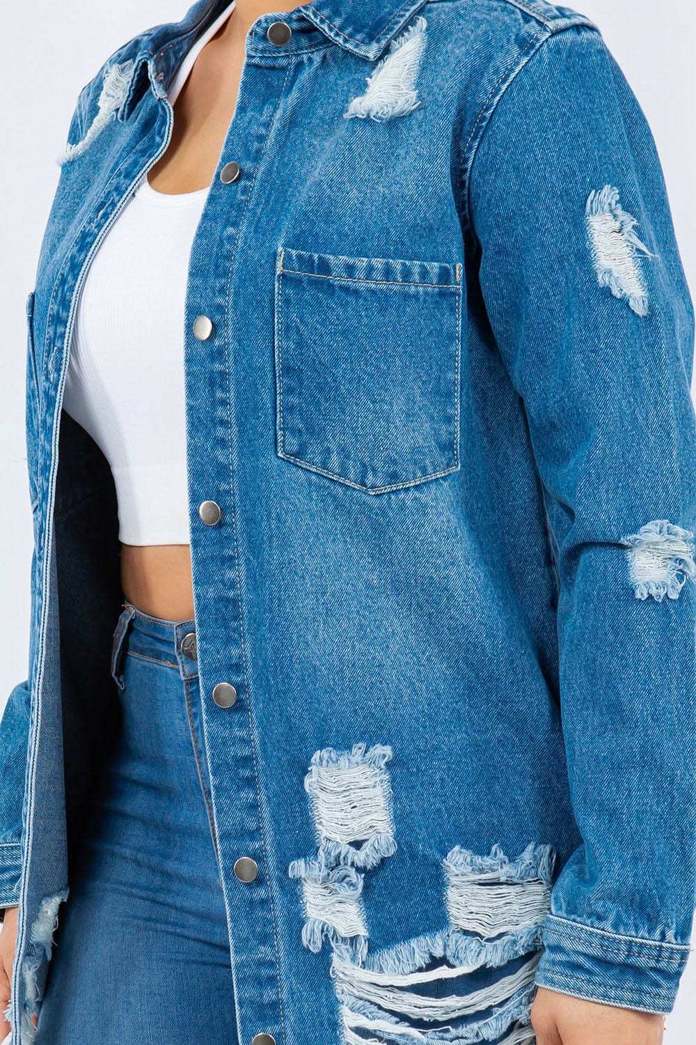 American Bazi Distressed Button Up Long Sleeve Denim Jacket - Trendsi - Flyclothing LLC