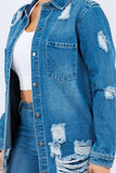 American Bazi Distressed Button Up Long Sleeve Denim Jacket - Trendsi - Flyclothing LLC