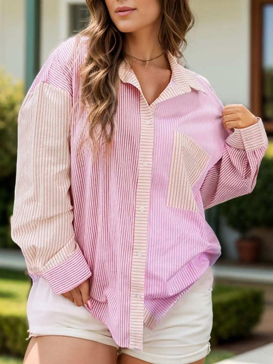 Plus Size Striped Collared Neck Long Sleeve Shirt - Trendsi - Flyclothing LLC