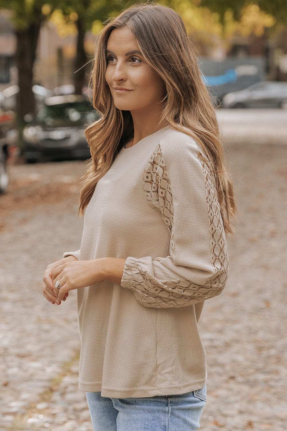 Waffle-Knit Round Neck Long Sleeve Blouse - Trendsi - Flyclothing LLC