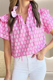 Ruffled Printed Tie Neck Short Sleeve Blouse - Trendsi - Flyclothing LLC