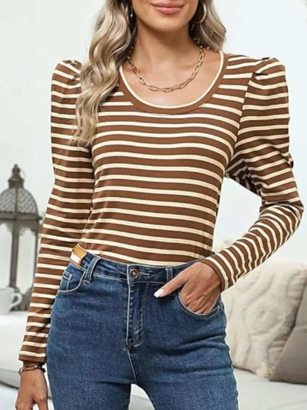 Striped Round Neck Long Sleeve T-Shirt - Trendsi - Flyclothing LLC