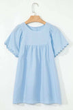 Solid Color Embroidered Scalloped Sleeves Crew Neck Blouse - Trendsi - Flyclothing LLC