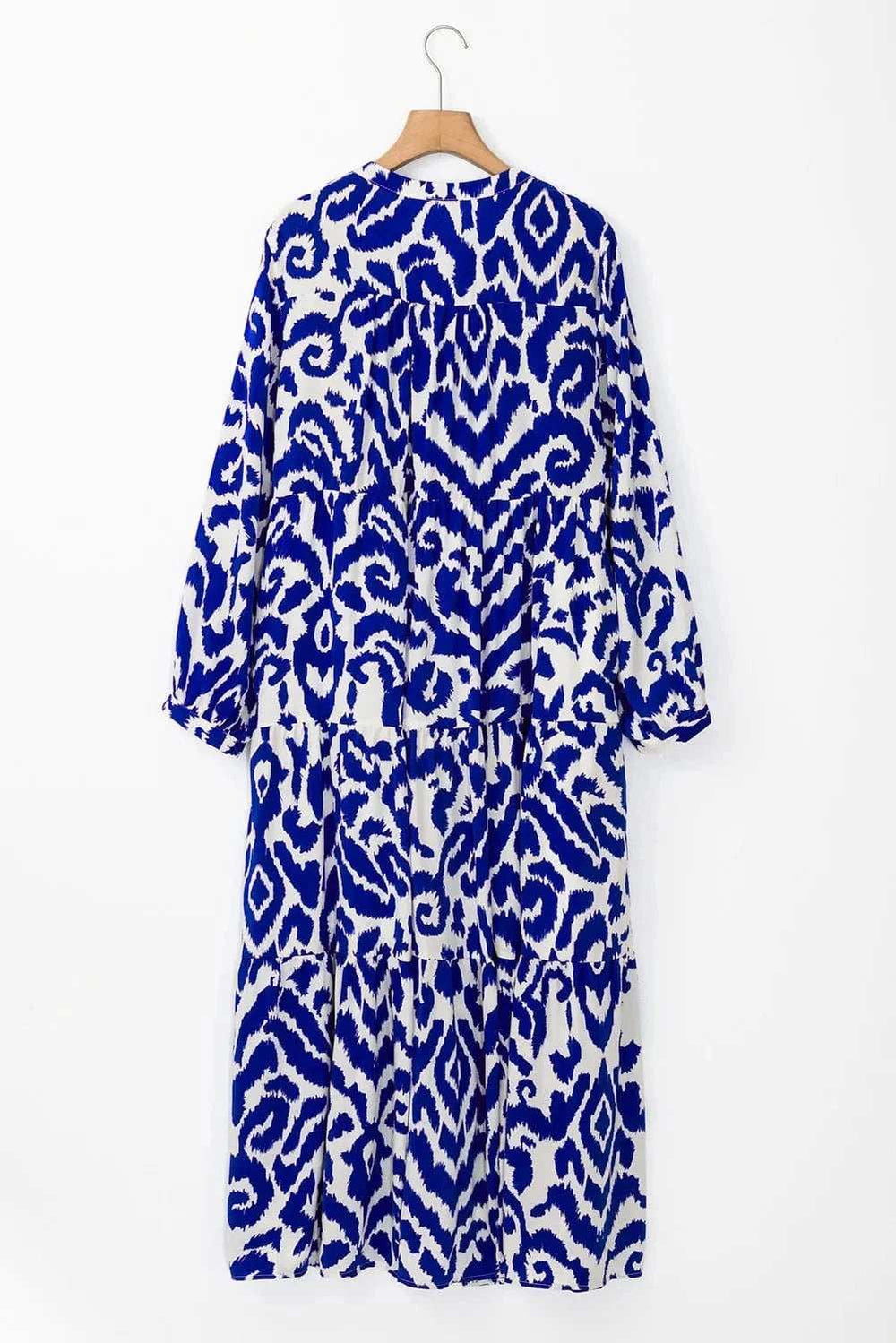 Tiered Printed Notched Long Sleeve Midi Dress - Trendsi - Flyclothing LLC