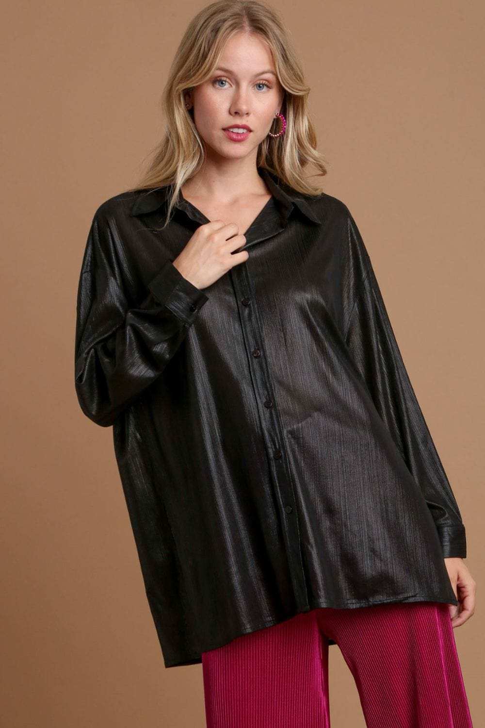 Umgee Side Slit Button Up Long Sleeve Shirt - Trendsi - Flyclothing LLC