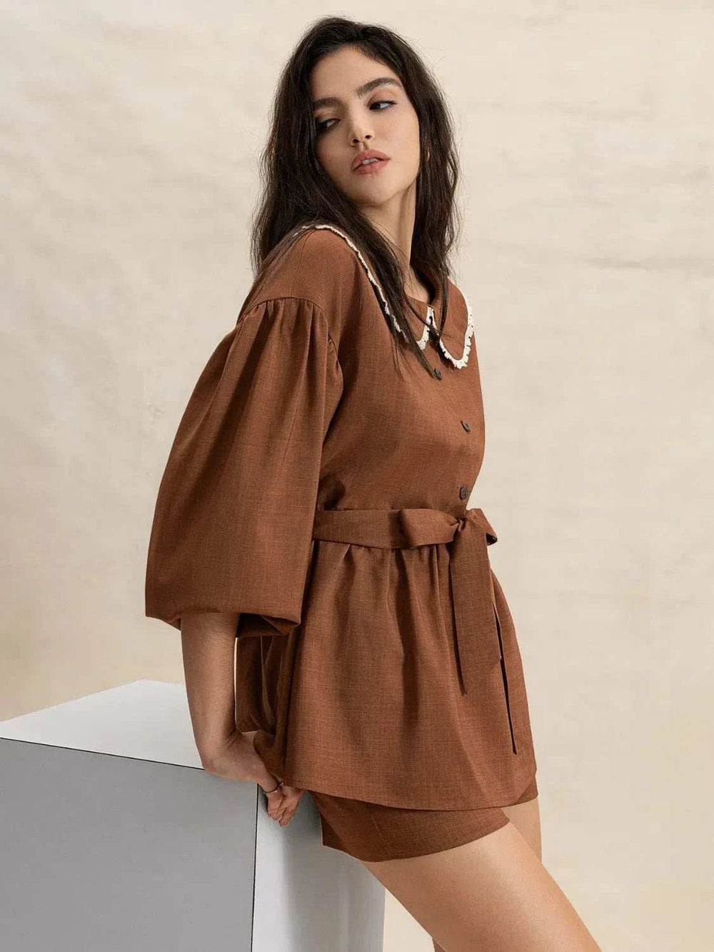 Peter Pan Collar Balloon Sleeve Top and Shorts Set - Trendsi - Flyclothing LLC