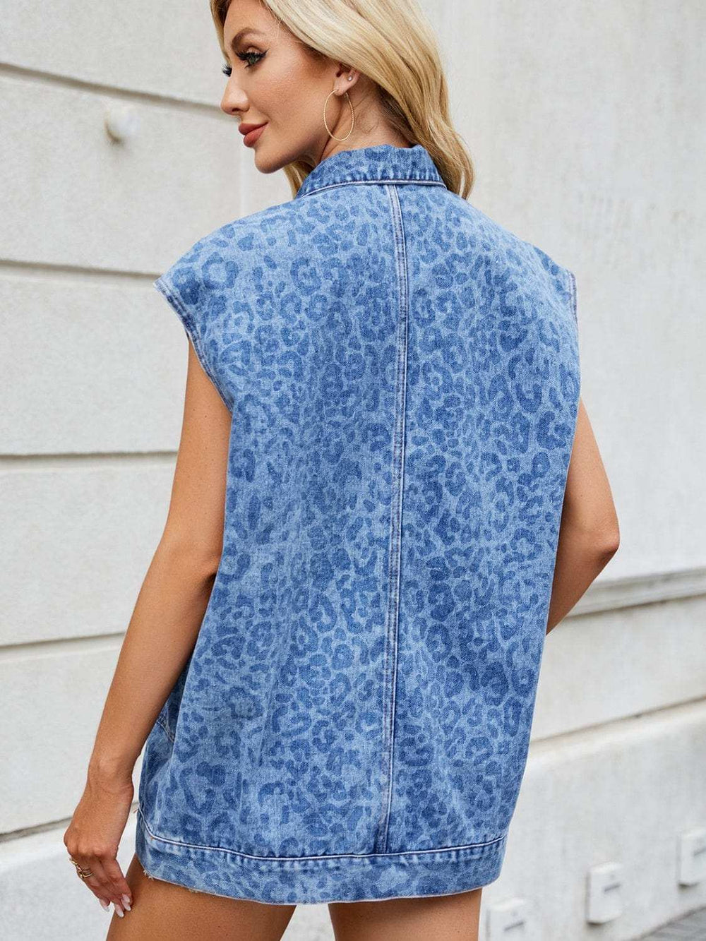 Leopard Button Up Cap Sleeve Denim Jacket - Trendsi - Flyclothing LLC