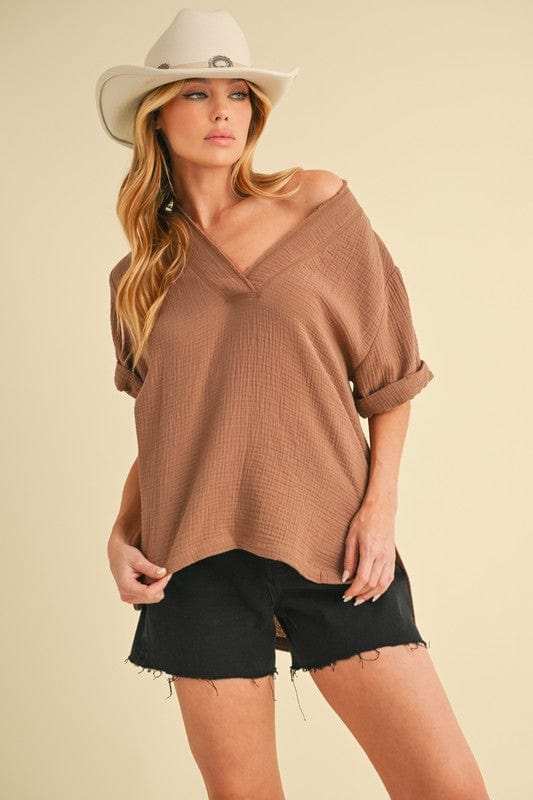 Aemi + Co Side Slit V-Neck Short Sleeve Blouse - Trendsi - Flyclothing LLC