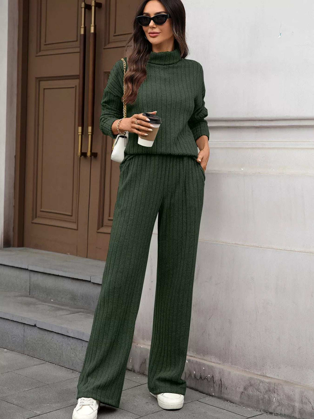 Ribbed Turtleneck Dropped Shoulder Top and Pants Sweater Set - Trendsi - Flyclothing LLC