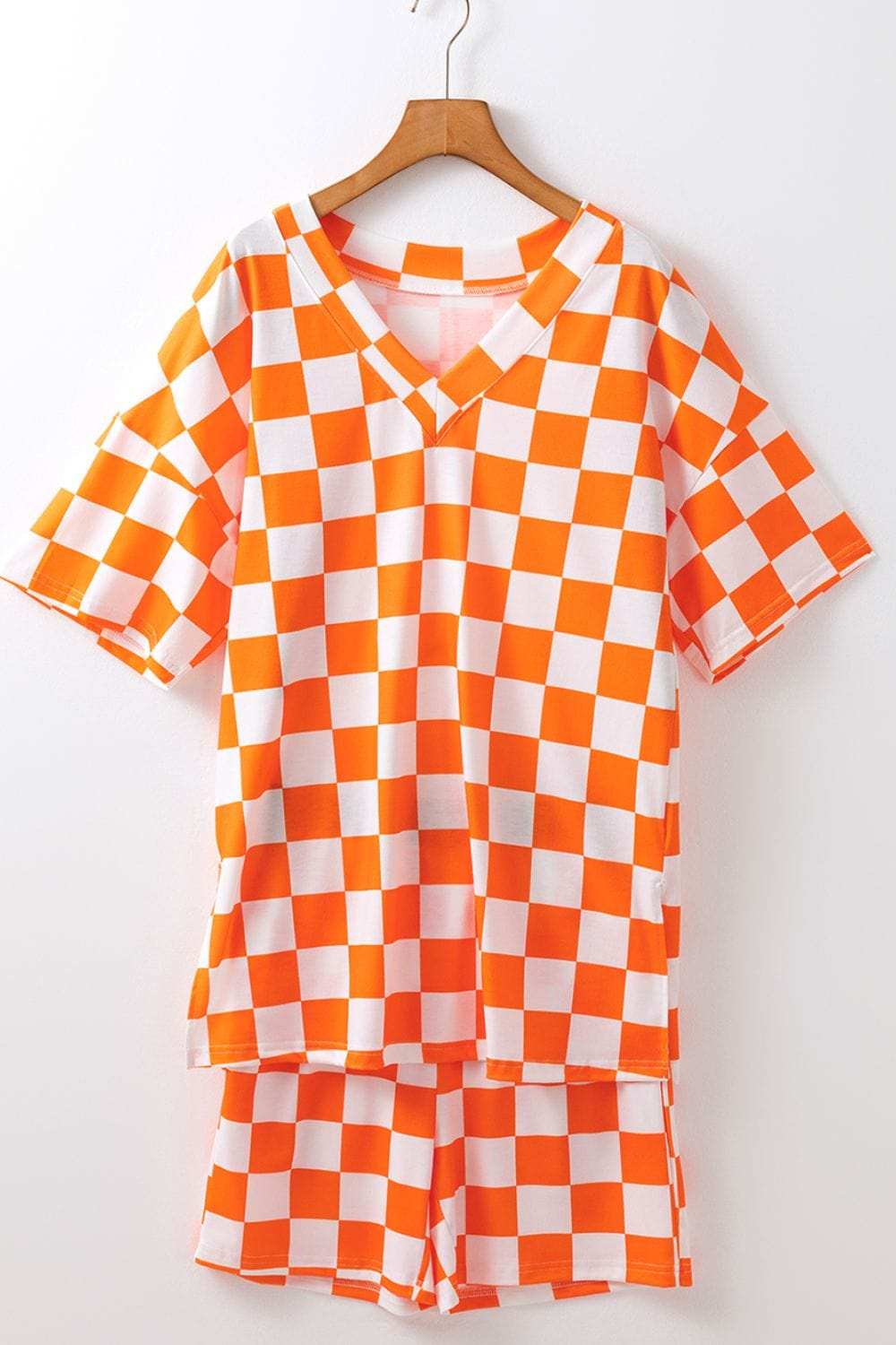 Checkerboard V Neck Loose Tee and Shorts Set - Trendsi - Flyclothing LLC