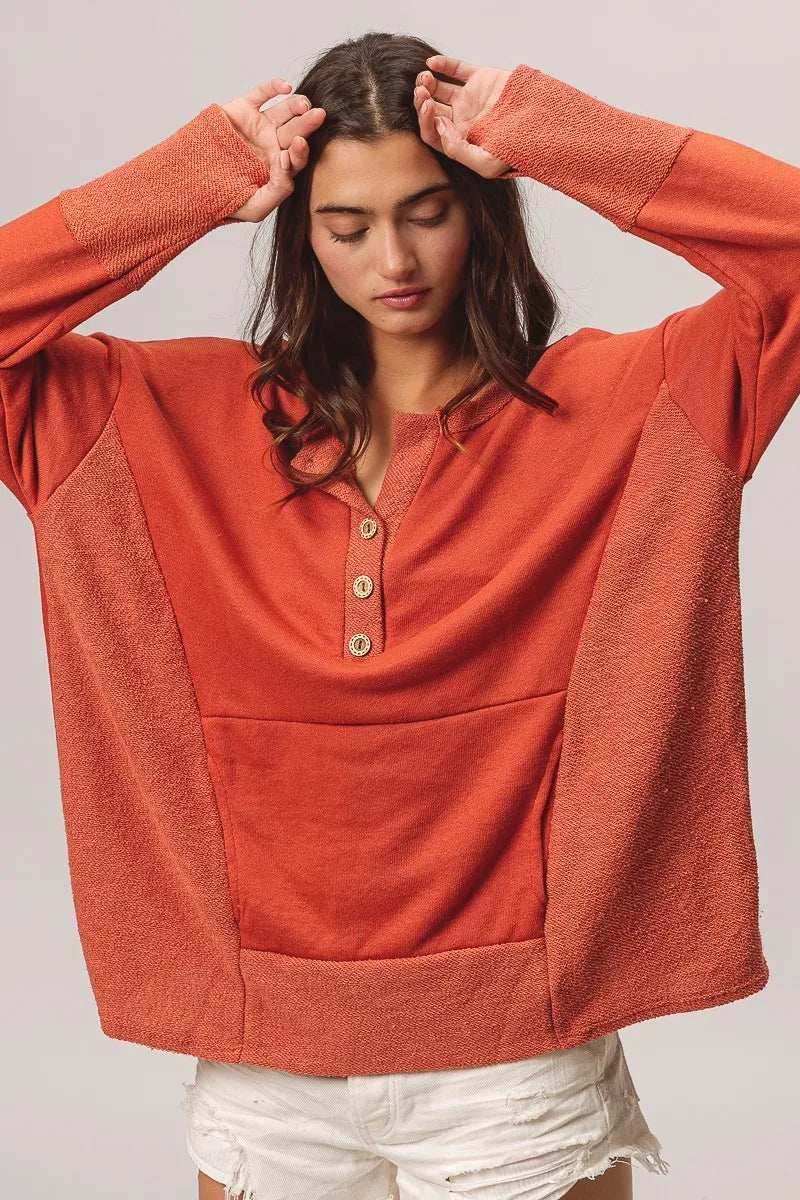 BiBi French Terry Knit Side Block Buttoned Henley Top - Trendsi - Flyclothing LLC