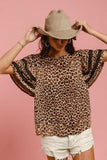 BiBi Leopard Crochet Trim Round Neck Short Sleeve Top - Trendsi - Flyclothing LLC