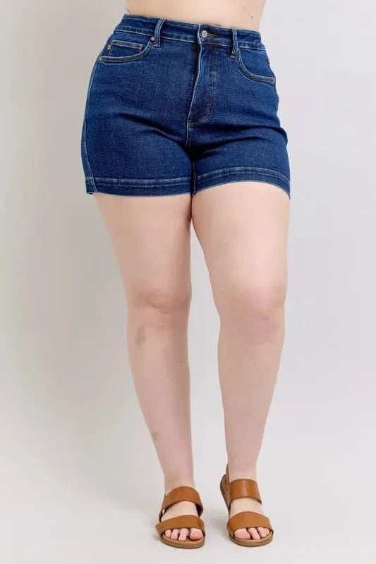 Judy Blue Full Size High Waist Tummy Control Denim Shorts Plus Size - Trendsi - Flyclothing LLC