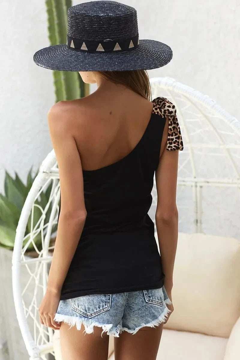 BiBi Rayon Span Knit One Shoulder Top with Leopard Ribbon - Trendsi - Flyclothing LLC