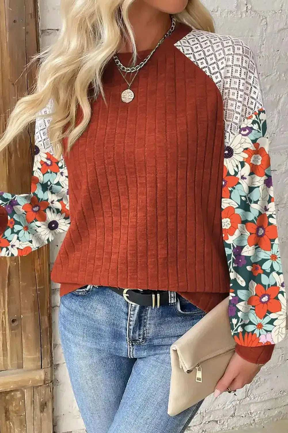 Printed Round Neck Long Sleeve Top - Trendsi - Flyclothing LLC