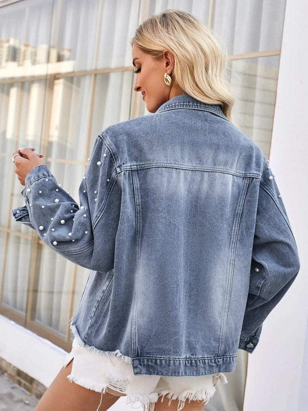 Pearl Trim Raw Hem Denim Jacket - Trendsi - Flyclothing LLC