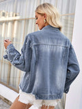 Pearl Trim Raw Hem Denim Jacket - Trendsi - Flyclothing LLC