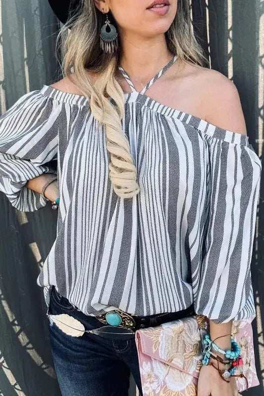 And The Why Stripe Printed Cold Shoulder Halter Neck Top - Trendsi - Flyclothing LLC
