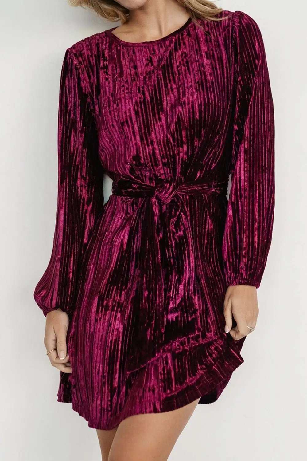 Velvet Round Neck Tie Waist Long Sleeve Mini Dress - Trendsi - Flyclothing LLC