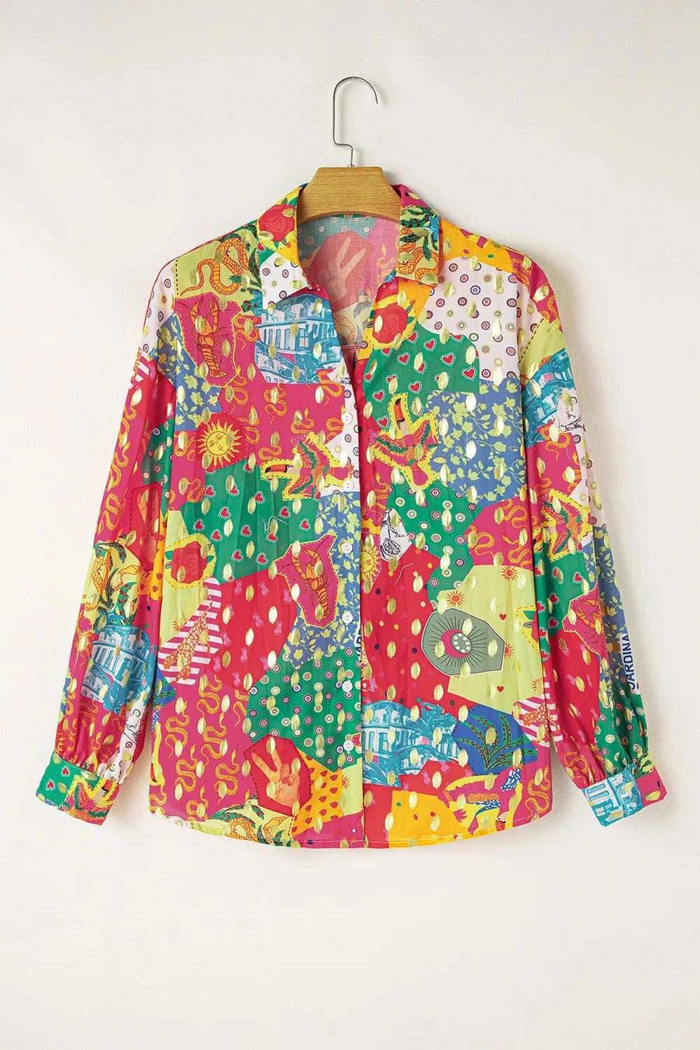 Printed Collared Neck Long Sleeve Shirt - Trendsi - Flyclothing LLC