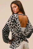 BiBi Leopard Hacci Knit Twist Back Top With Stripe Sleeve - Trendsi - Flyclothing LLC