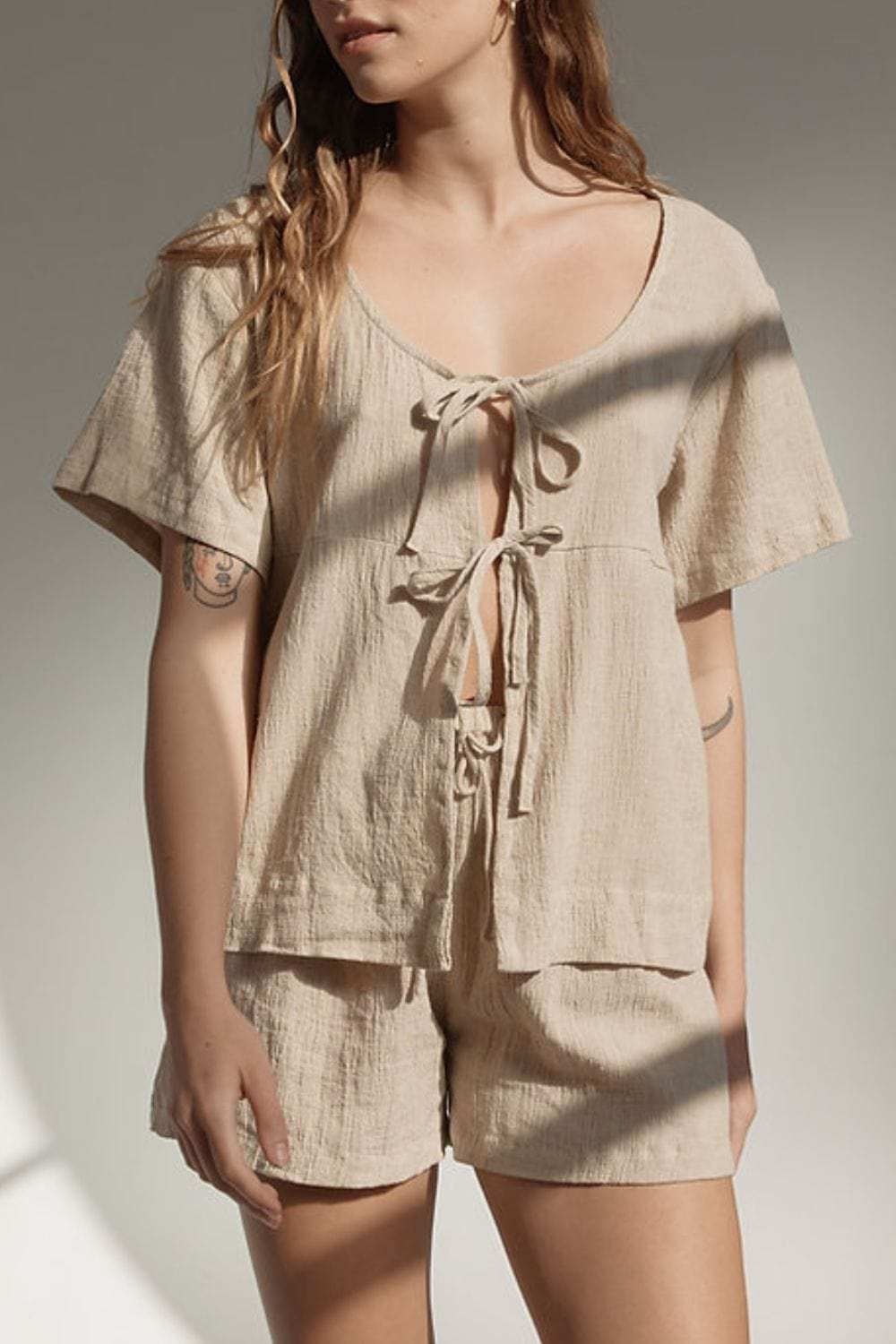 Plaid Tied Scoop Neck Short Sleeve Top and Drawstring Shorts Set - Trendsi - Flyclothing LLC