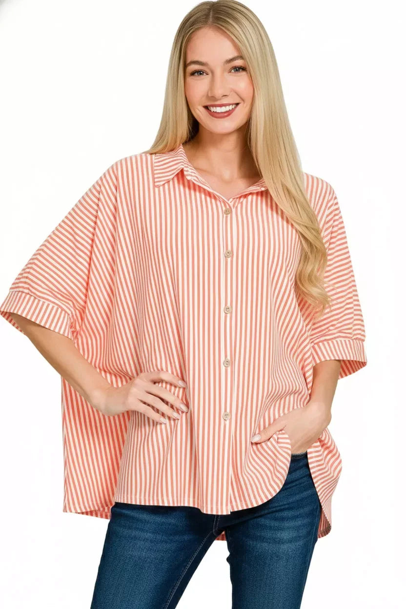 Zenana Oversized Stripe Button Down Shirt - Trendsi - Flyclothing LLC