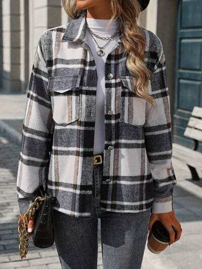 Plaid Button Up Drop Shoulder Jacket - Trendsi - Flyclothing LLC