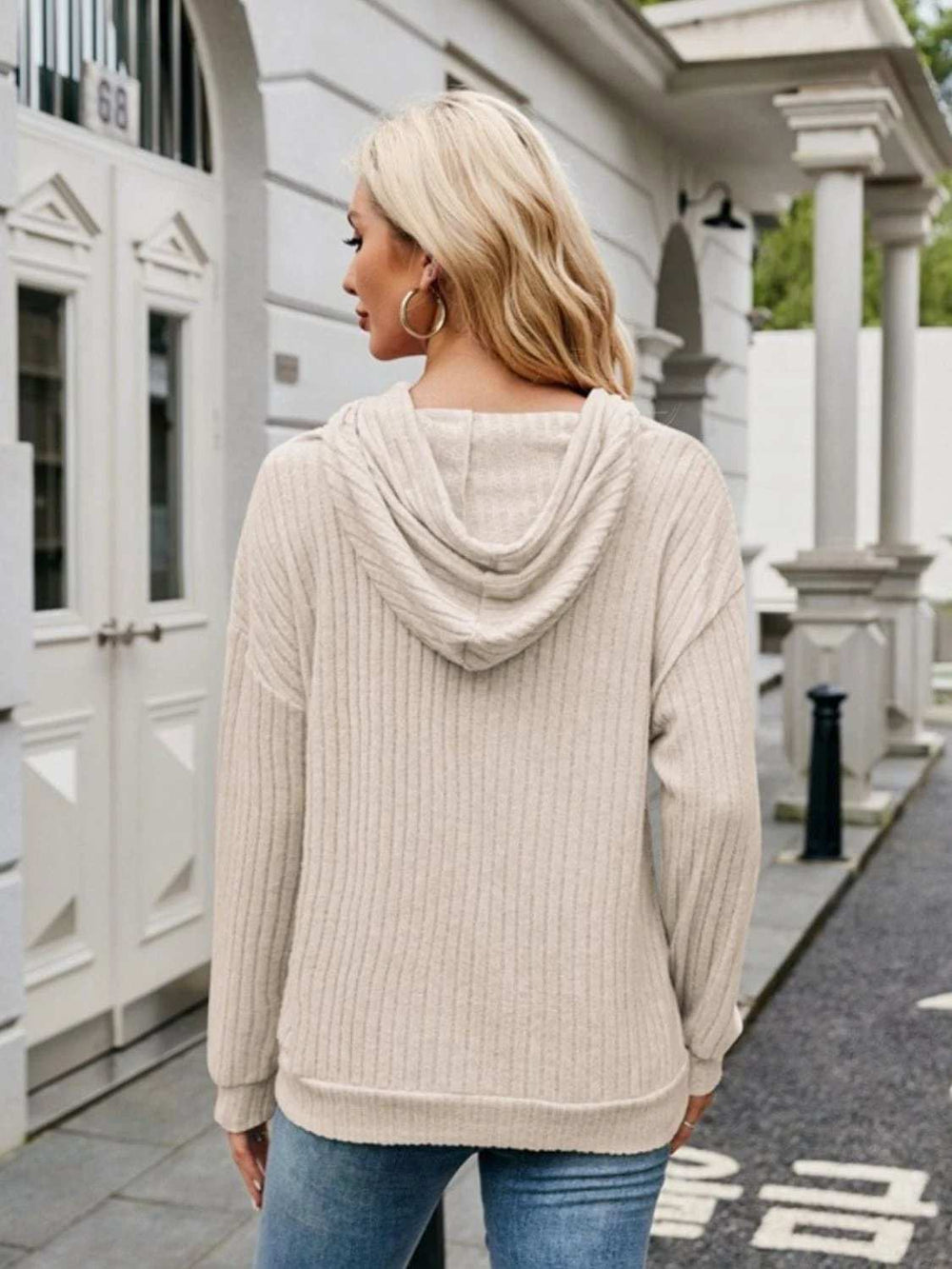 Ribbed Drawstring Long Sleeve Hoodie - Trendsi - Flyclothing LLC