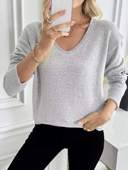 Casual V-Neck Drop Shoulder Sweater - Trendsi - Flyclothing LLC