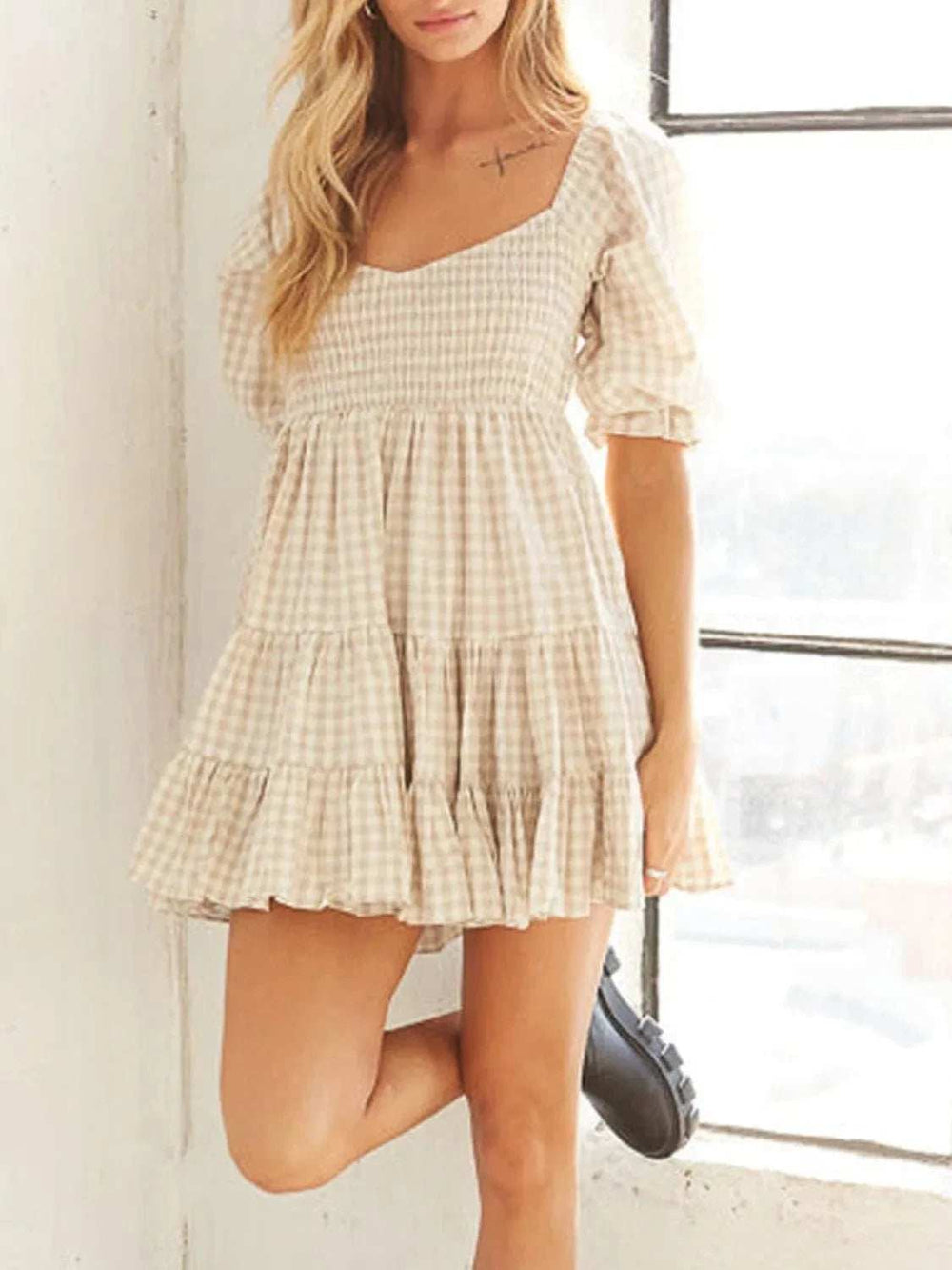 Ruffled Hem Plaid Half Sleeve Mini Dress - Trendsi - Flyclothing LLC