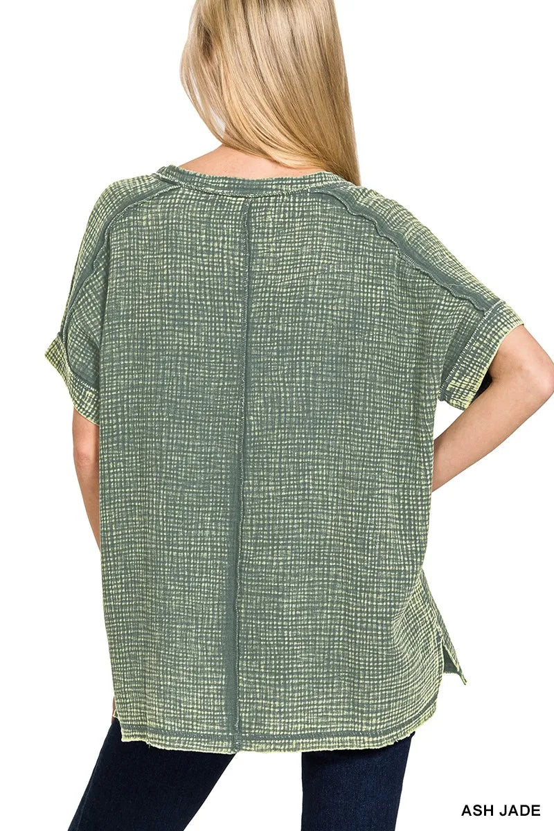 Zenana Acid Washed Double Gauze V-Neck Tee - Trendsi - Flyclothing LLC