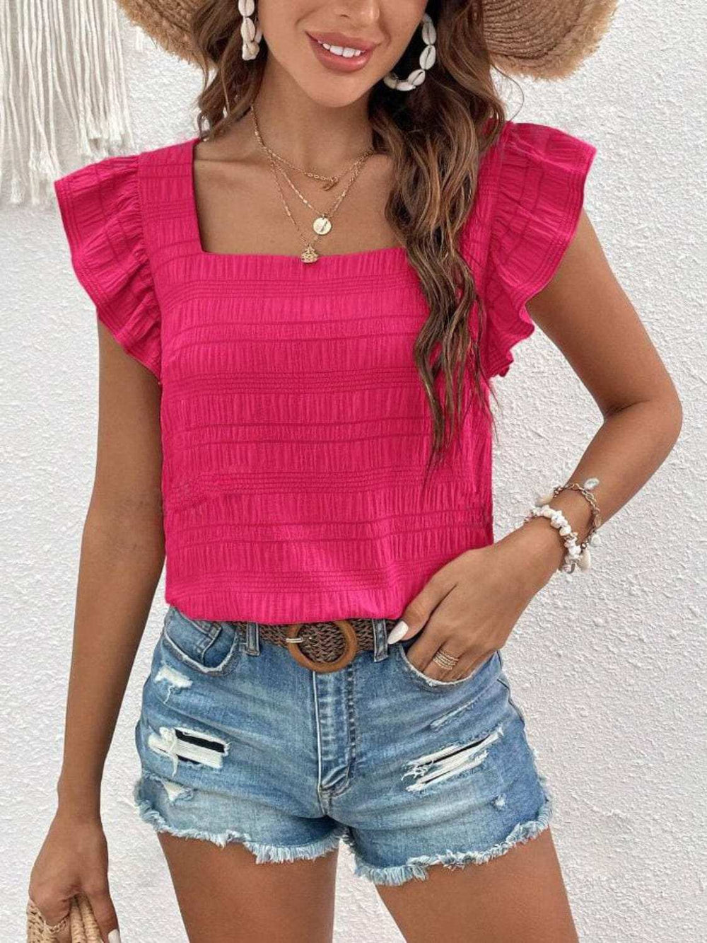 Ruffled Square Neck Cap Sleeve Blouse - Trendsi - Flyclothing LLC