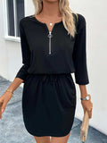 Pocketed Round Neck Three-Quarter Sleeve Dress - Trendsi - Flyclothing LLC