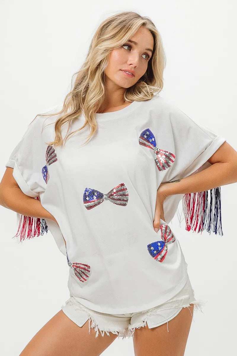 BiBi American Flag Sequin Ribbon T-Shirt - Trendsi - Flyclothing LLC
