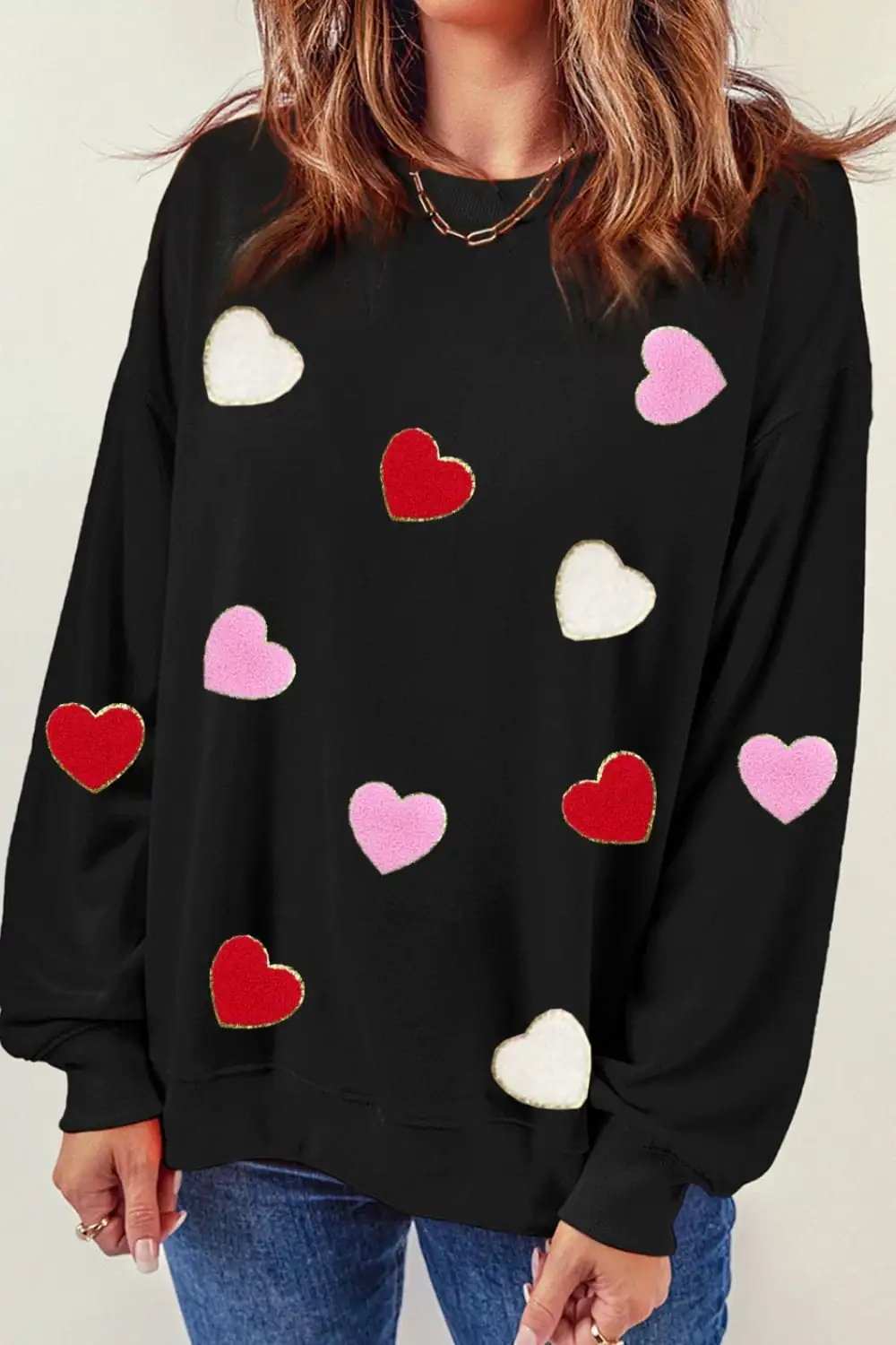 Valentine's Day Contrast Heart Long Sleeve Sweatshirt - Trendsi - Flyclothing LLC