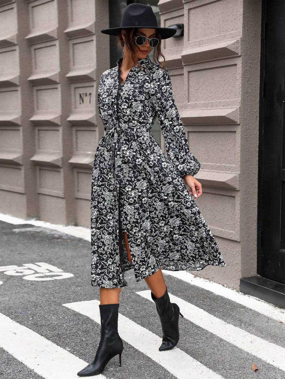 Lace Detail Printed Long Sleeve Midi Dress - Trendsi - Flyclothing LLC