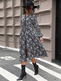 Lace Detail Printed Long Sleeve Midi Dress - Trendsi - Flyclothing LLC