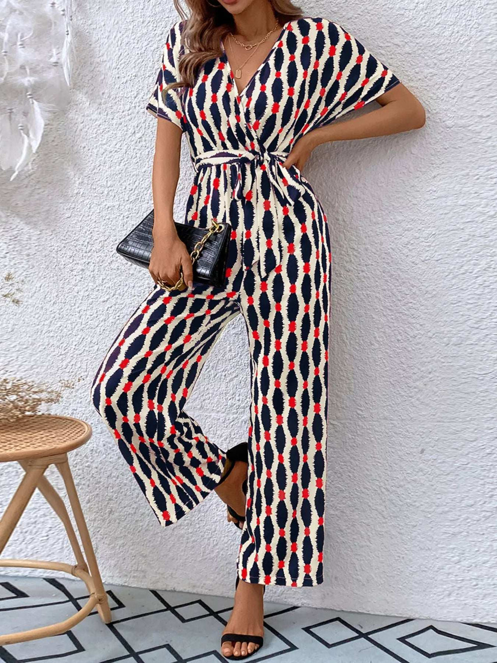 Printed Surplice Tie Waist Short Sleeve Jumpsuit - Trendsi - Flyclothing LLC