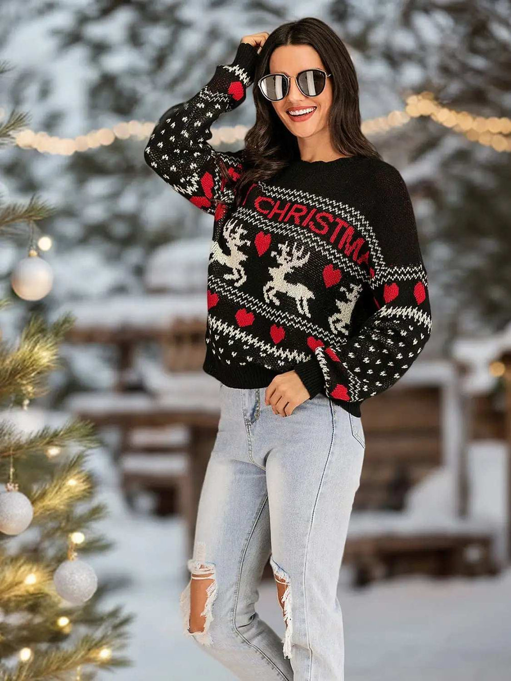 Perfee Christmas Element Round Neck Sweater - Trendsi - Flyclothing LLC