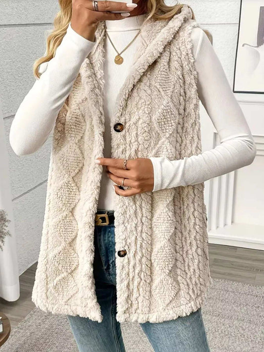 Button Up Plush Hooded Vest Coat - Trendsi - Flyclothing LLC