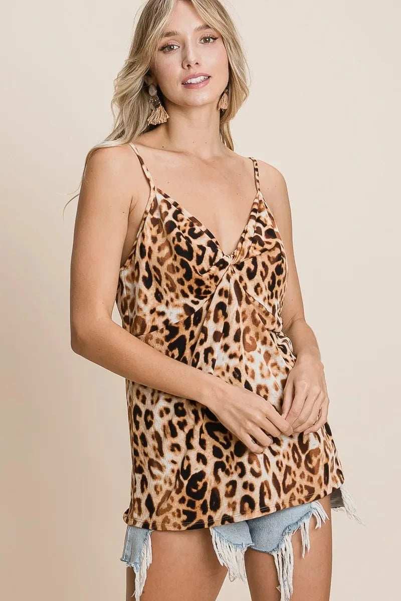 BiBi Leopard Printed Gauze Knit Twist Front Detailed Cami - Trendsi - Flyclothing LLC