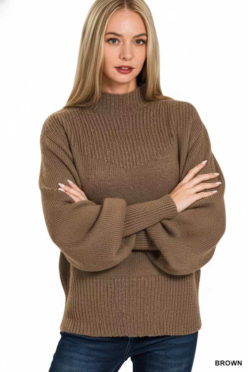 Zenana Balloon Sleeve Mock Neck Sweater - Trendsi - Flyclothing LLC
