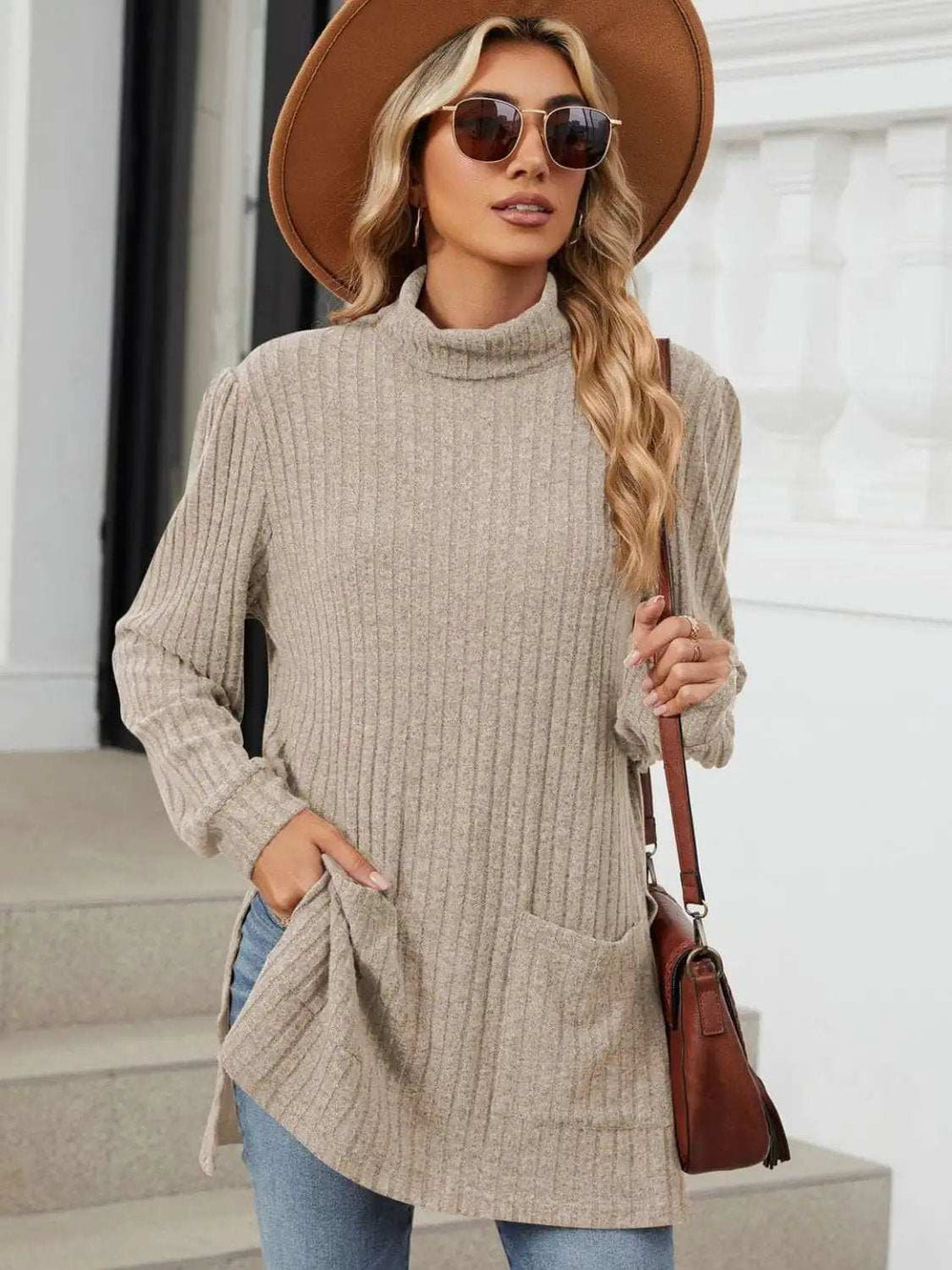 Slit Mock Neck Long Sleeve T-Shirt - Trendsi - Flyclothing LLC